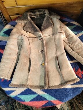 Vtg Eddie Bauer Faux Fur Lined Leather Coat Womens Small ? Beige Button Up Suede